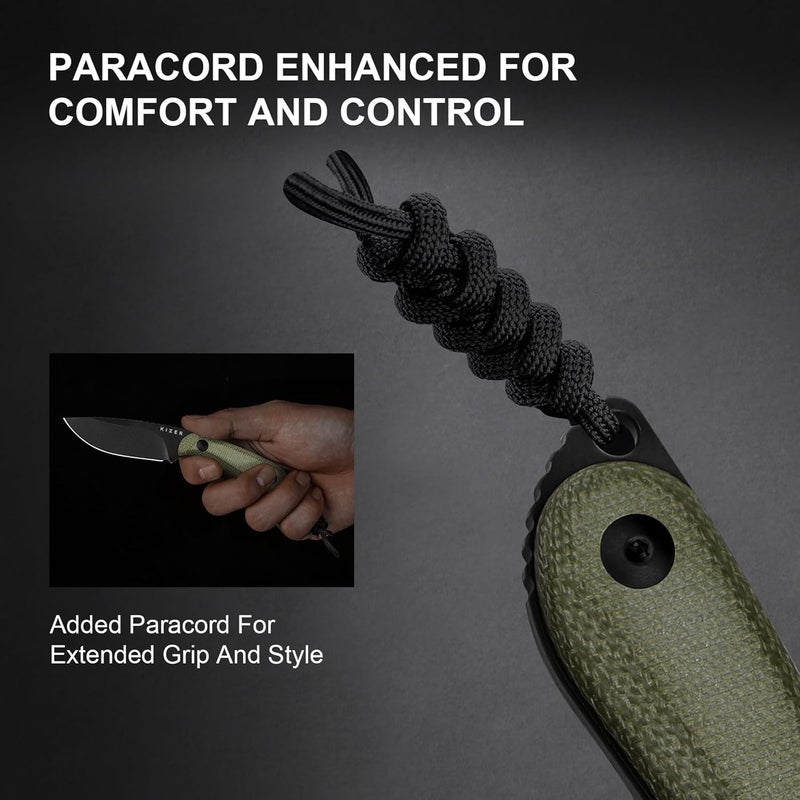 KIZER سكين بادي الثابتة، سكين تخييم من فولاذ D2 بطول 3 بوصات مع مقبض ميكارتا باللون الأخضر الزيتوني، سكاكين ثابتة مدمجة للاستخدام اليومي مع غلاف للتنزه والتخييم 1081M1 - Image 3